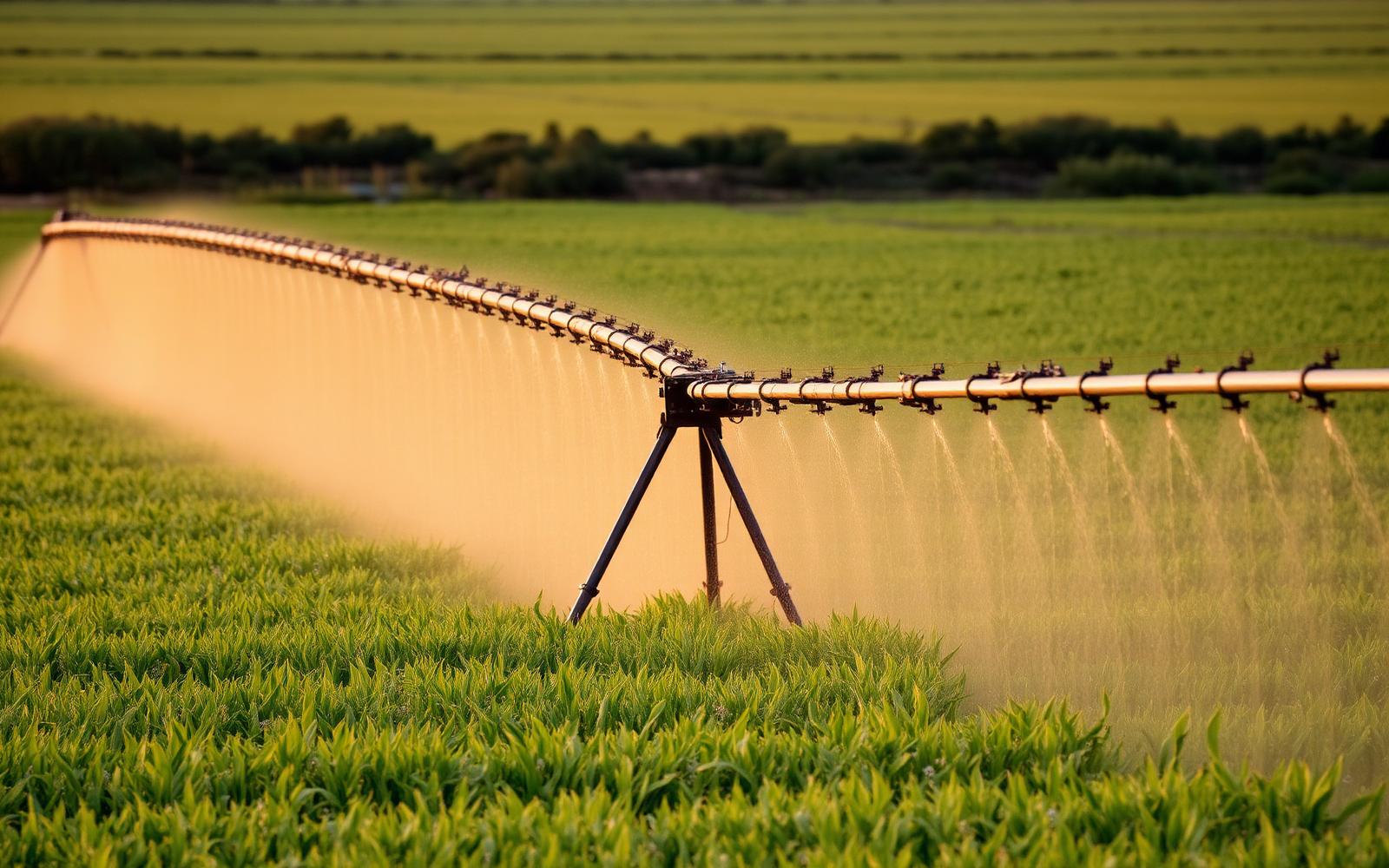Centre pivot irrigating a green maize field at golden hour